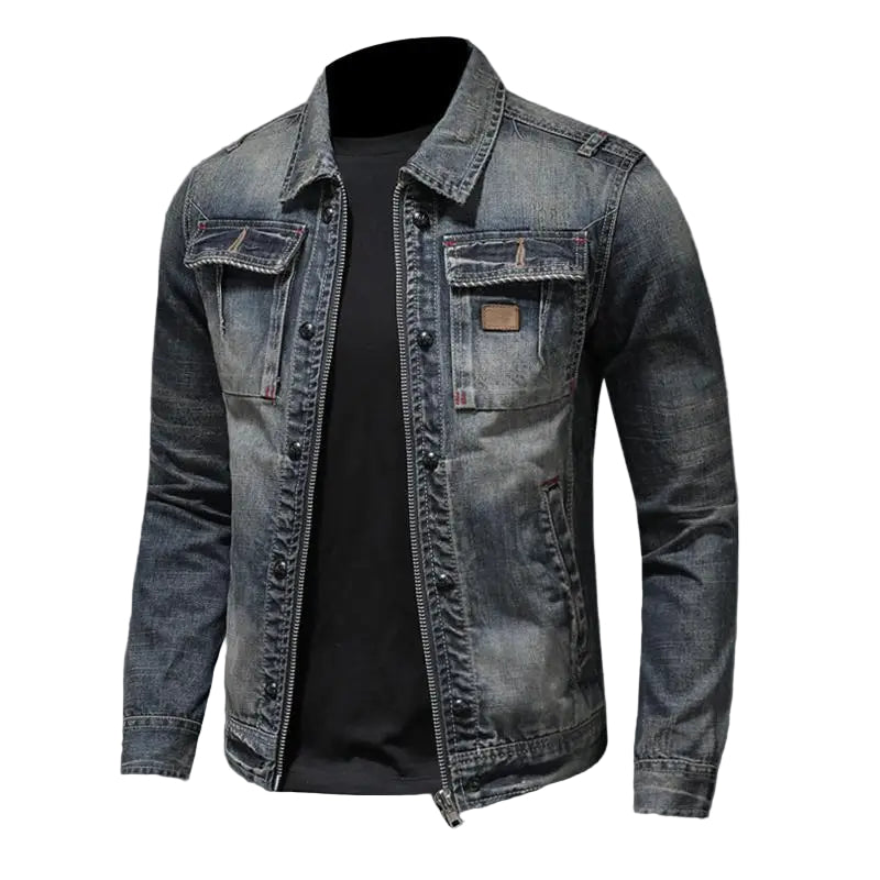 Herre retro slim fit denimjakke, tidløs denim, trykknapper og brystlommer, perfekt til hverdagsbrug.