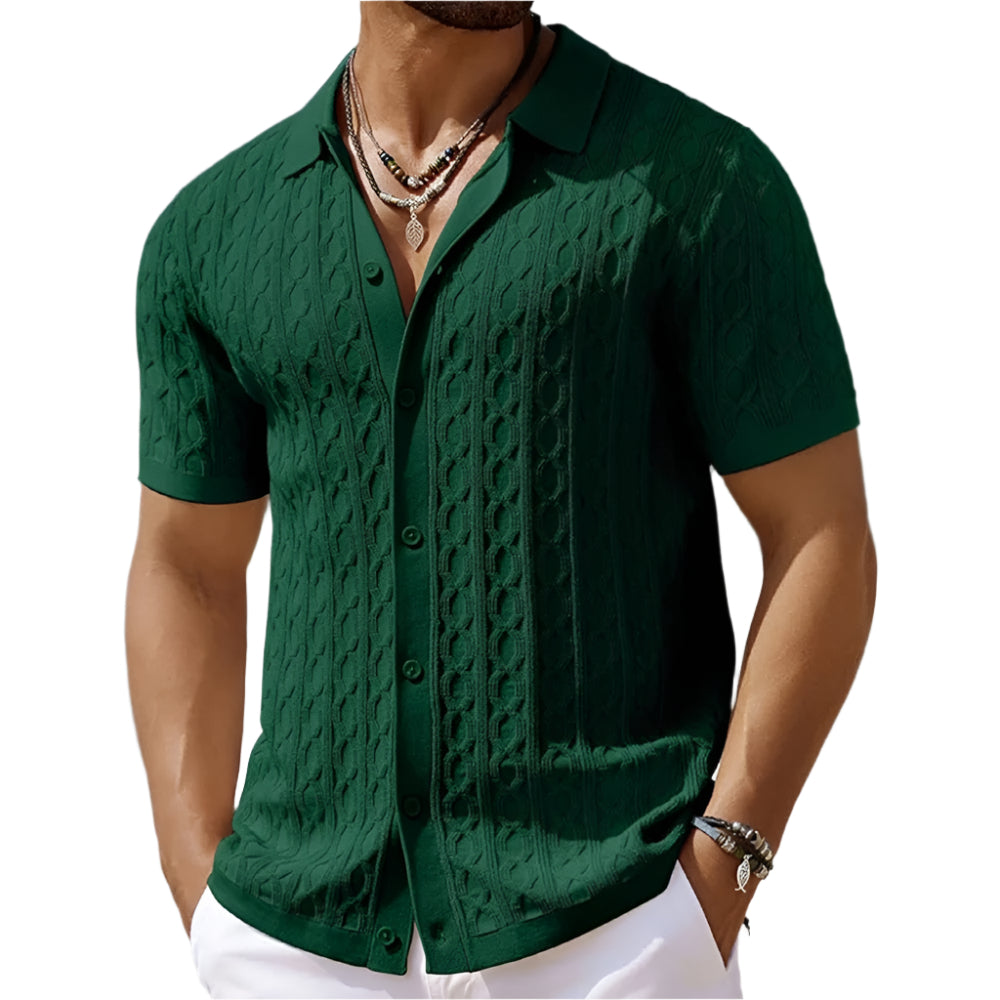"Miesten retro-jacquard-poolo, napitettu kaulus, hengittävä kevyt kangas, sininen, vintage-tyylinen smart-casual-look."