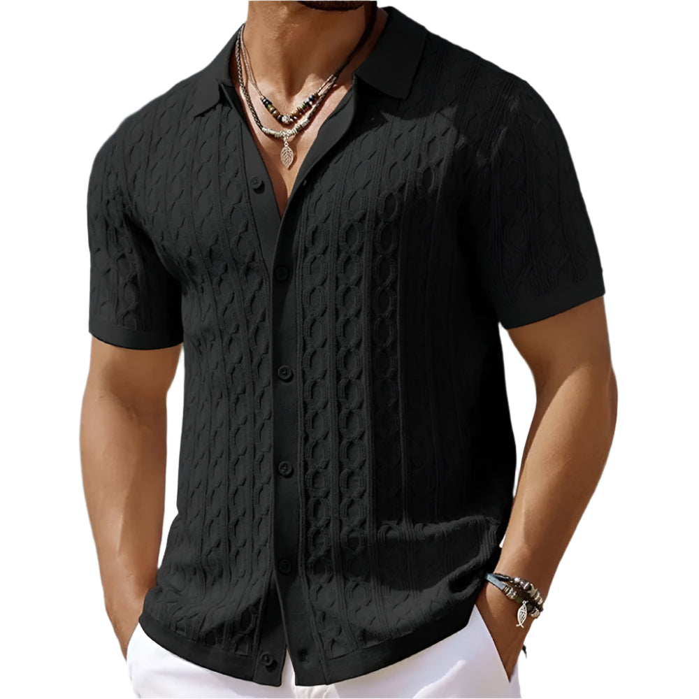"Miesten retro-jacquard-poolo, napitettu kaulus, hengittävä kevyt kangas, sininen, vintage-tyylinen smart-casual-look."