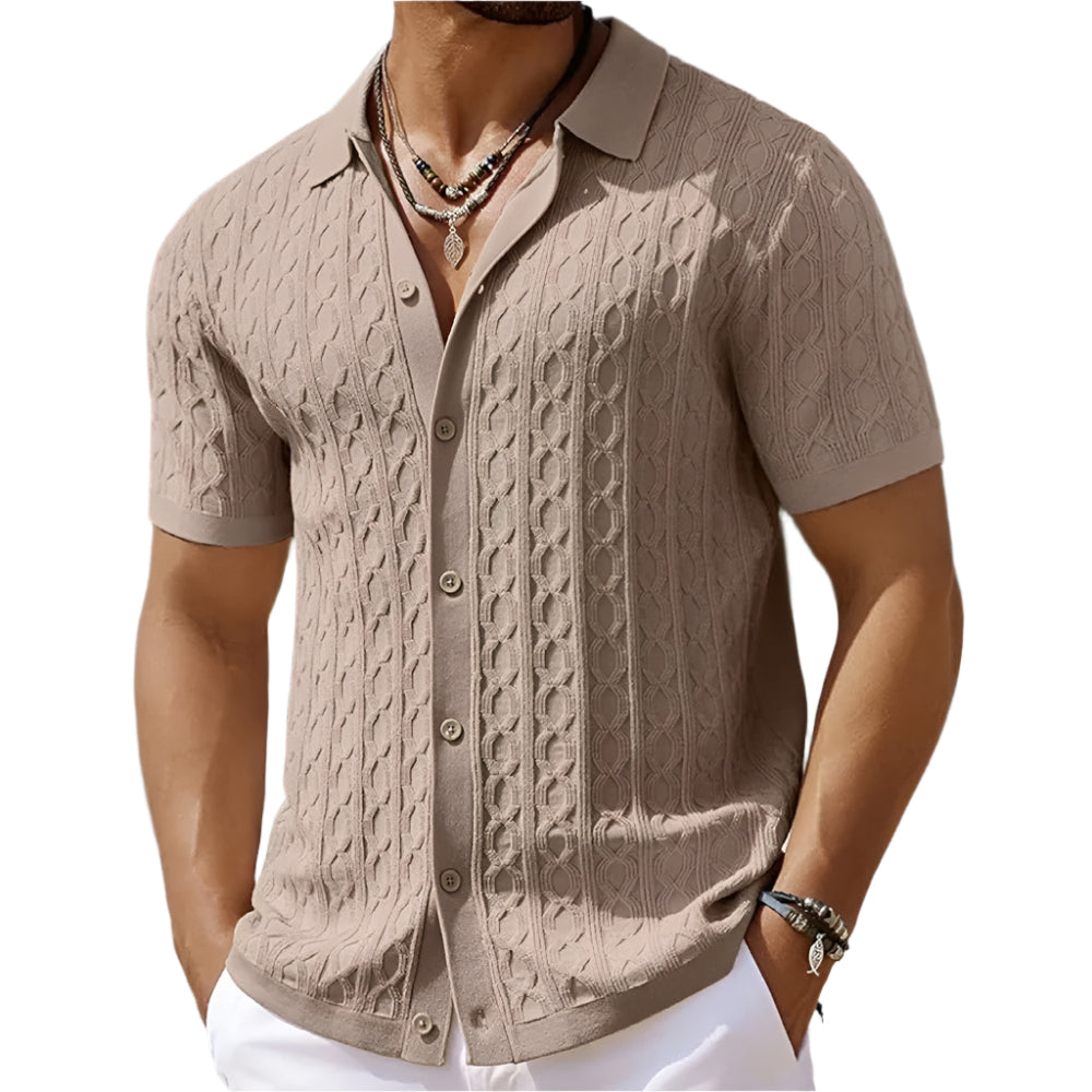 "Miesten retro-jacquard-poolo, napitettu kaulus, hengittävä kevyt kangas, sininen, vintage-tyylinen smart-casual-look."