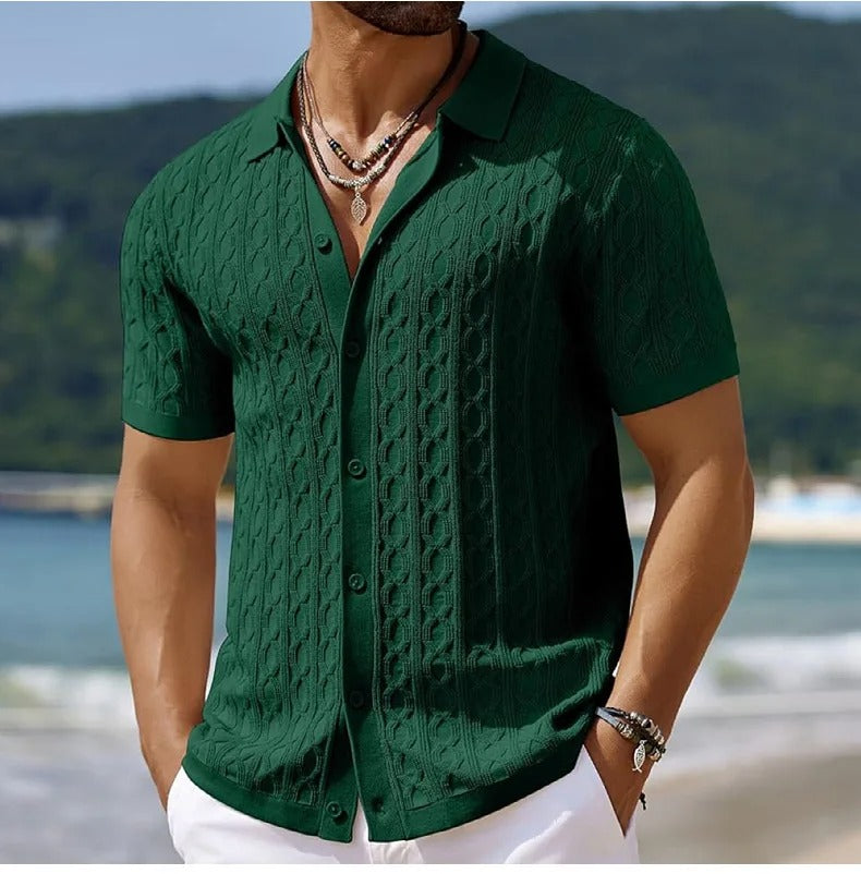 "Miesten retro-jacquard-poolo, napitettu kaulus, hengittävä kevyt kangas, sininen, vintage-tyylinen smart-casual-look."