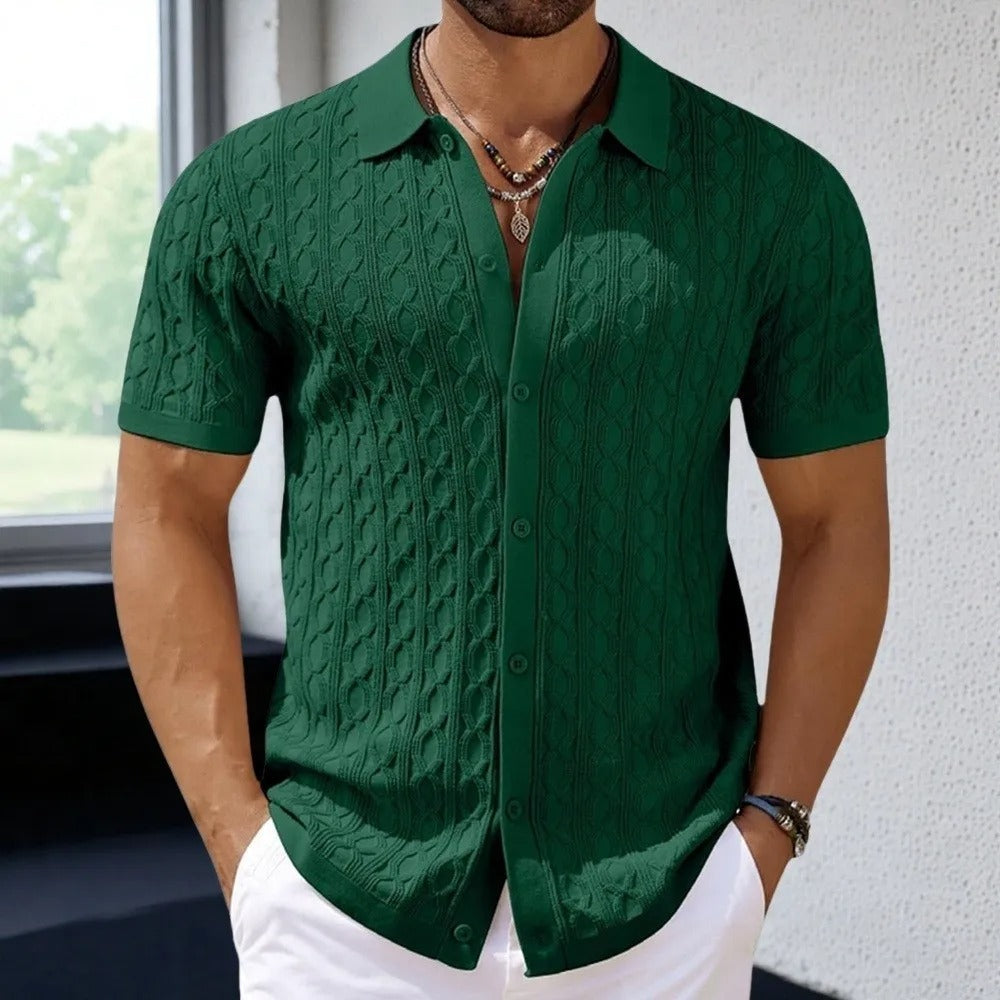 "Miesten retro-jacquard-poolo, napitettu kaulus, hengittävä kevyt kangas, sininen, vintage-tyylinen smart-casual-look."