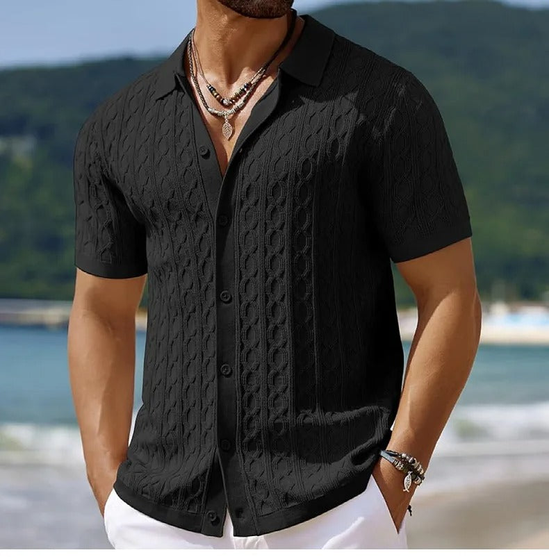 "Miesten retro-jacquard-poolo, napitettu kaulus, hengittävä kevyt kangas, sininen, vintage-tyylinen smart-casual-look."