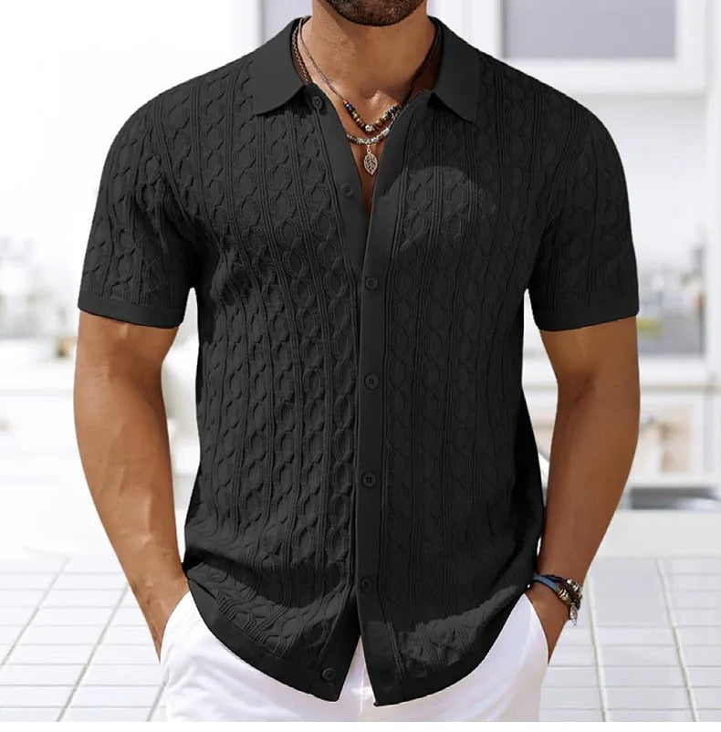 "Miesten retro-jacquard-poolo, napitettu kaulus, hengittävä kevyt kangas, sininen, vintage-tyylinen smart-casual-look."