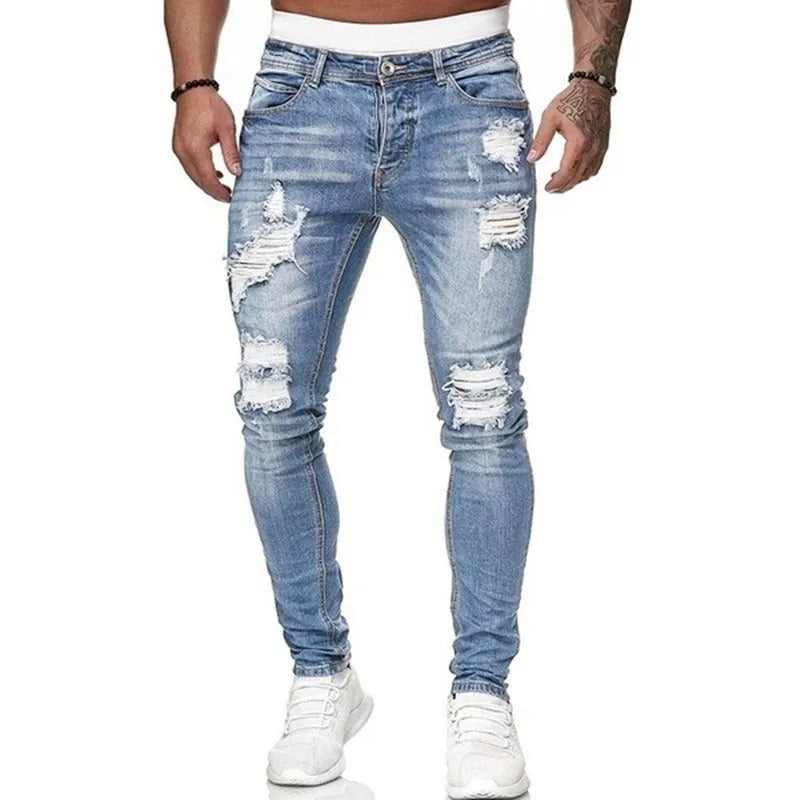 "Miesten revityt skinny-farkut vintage-tyylillä, kapeneva leikkaus, kulumajäljet, katu-uskottava trendikäs ilme"