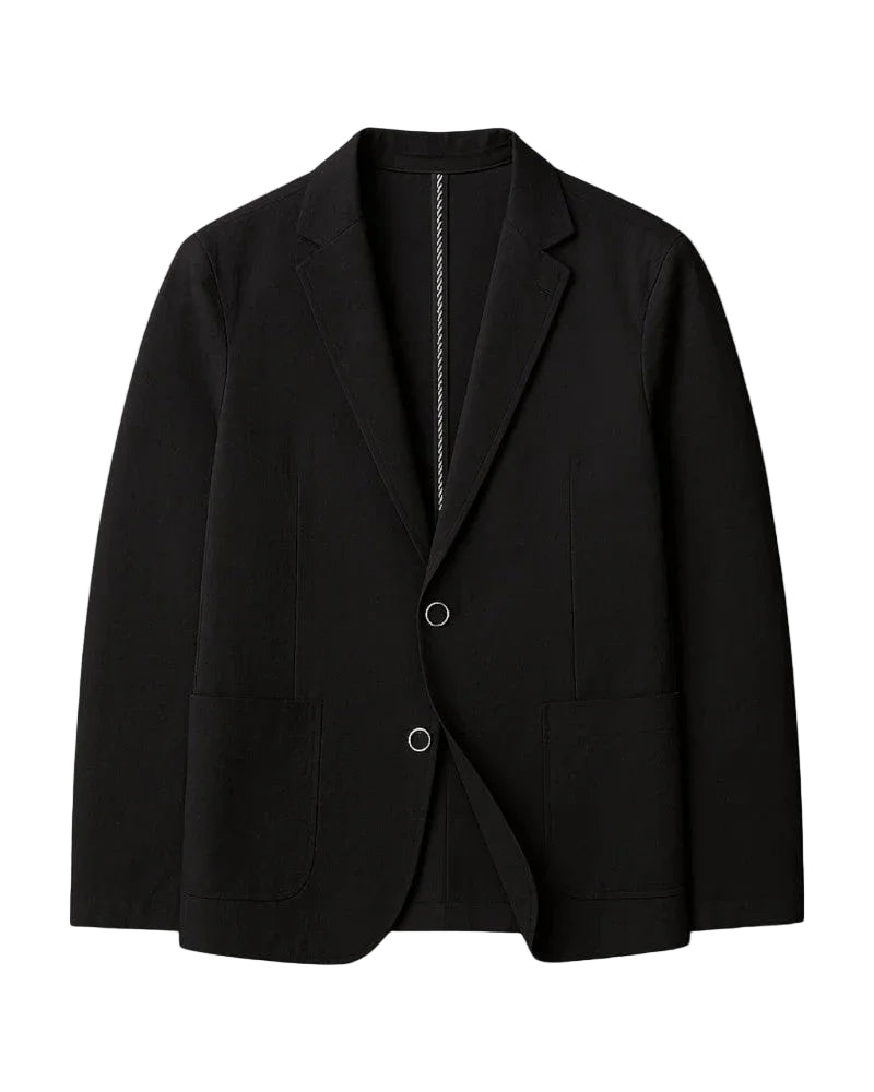 Detaljer på herreblazer i sort, elegant og komfortabel, let materiale, alsidig stil.