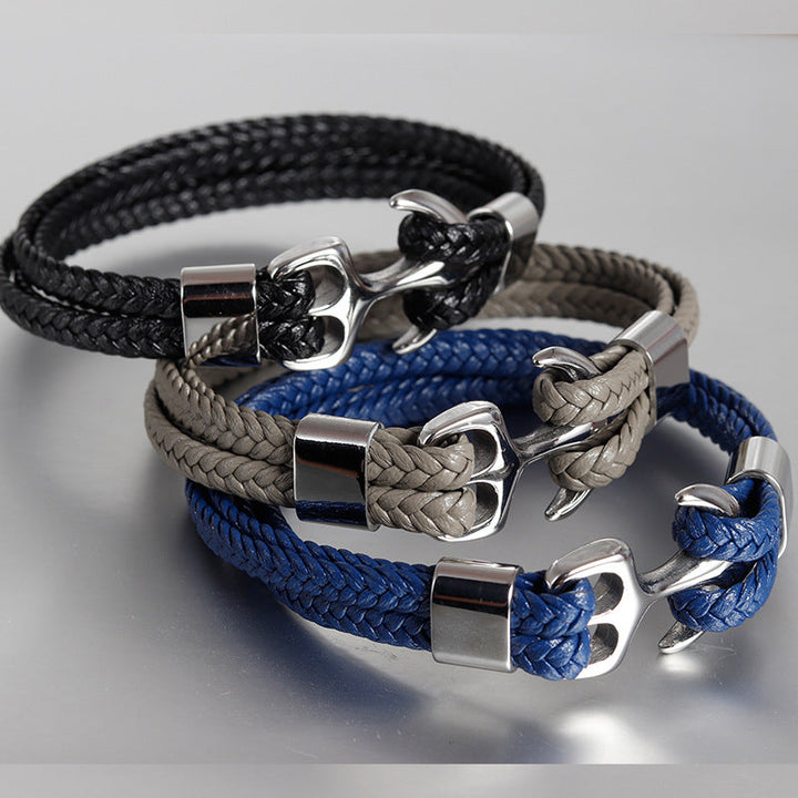 Herre læderarmbånd med anker, flettet læder, ankerspænde, maskulint look, flerlags