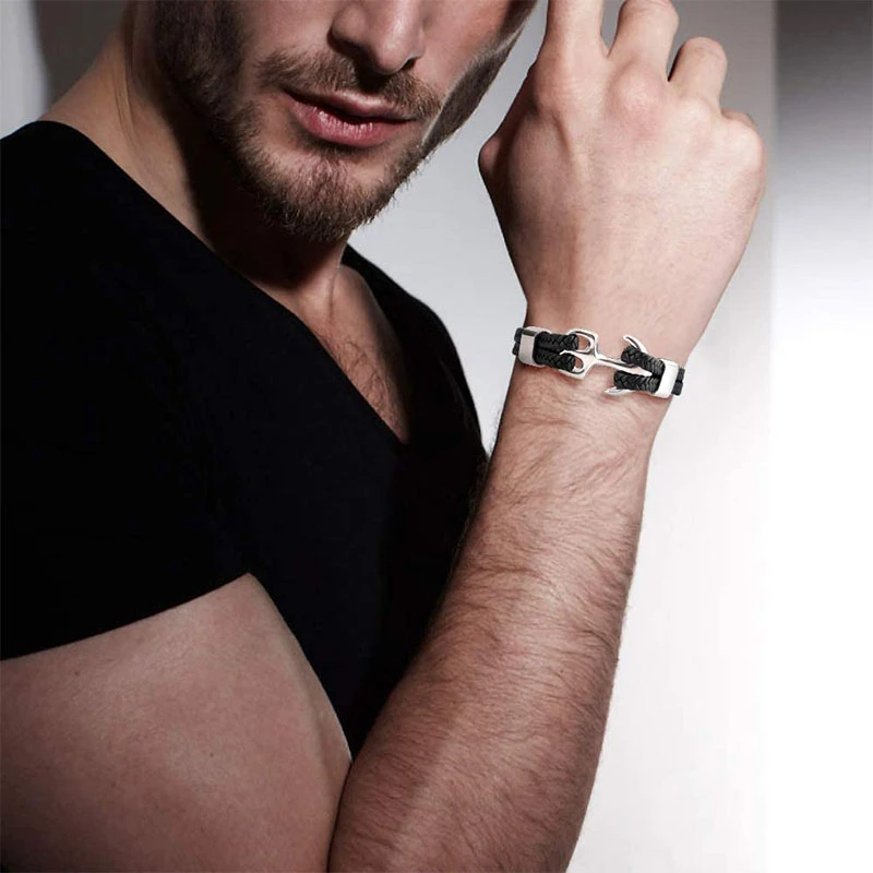 Herre læderarmbånd med anker, flettet læder, ankerspænde, maskulint look, flerlags