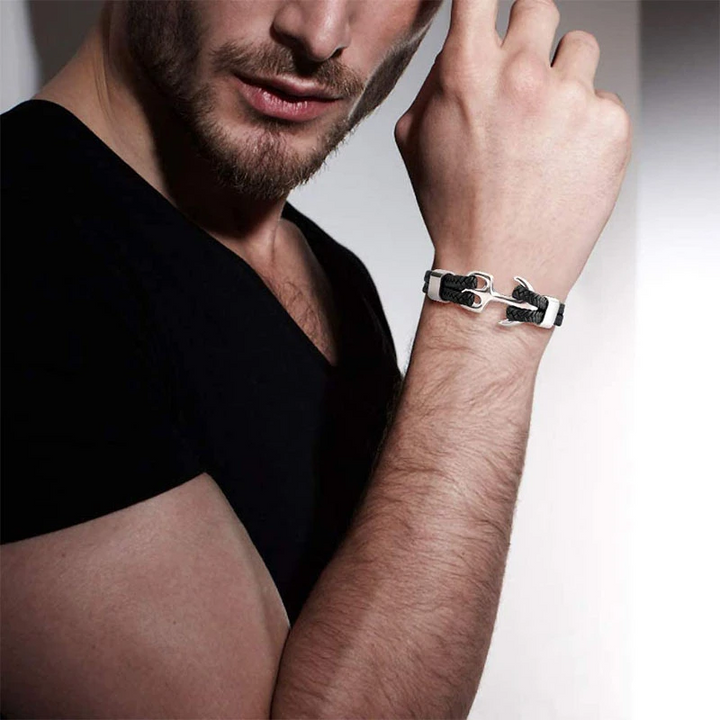Herre læderarmbånd med anker, flettet læder, ankerspænde, maskulint look, flerlags