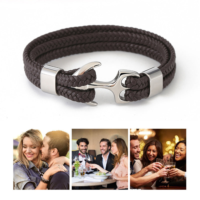 Herre læderarmbånd med anker, flettet læder, ankerspænde, maskulint look, flerlags