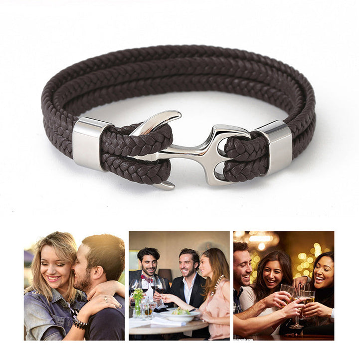 Herre læderarmbånd med anker, flettet læder, ankerspænde, maskulint look, flerlags