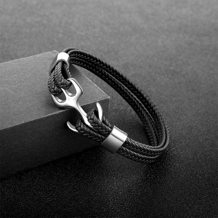 Herre læderarmbånd med anker, flettet læder, ankerspænde, maskulint look, flerlags