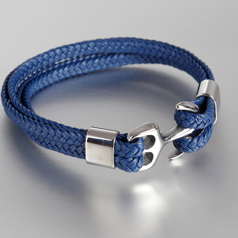 Herre læderarmbånd med anker, flettet læder, ankerspænde, maskulint look, flerlags
