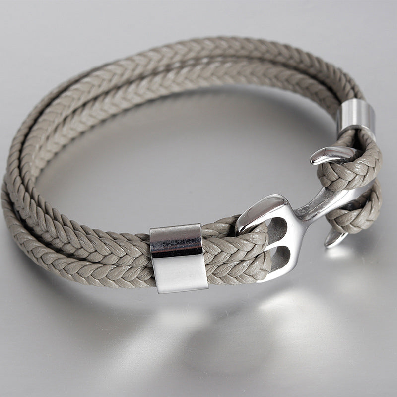 Herre læderarmbånd med anker, flettet læder, ankerspænde, maskulint look, flerlags
