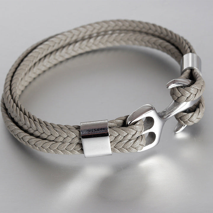 Herre læderarmbånd med anker, flettet læder, ankerspænde, maskulint look, flerlags