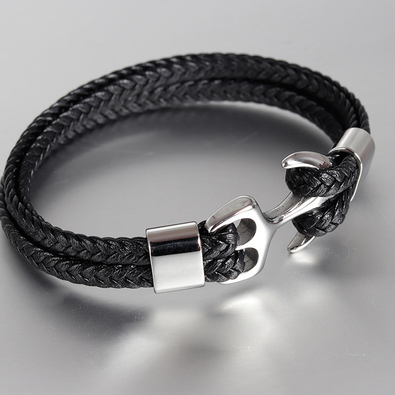 Herre læderarmbånd med anker, flettet læder, ankerspænde, maskulint look, flerlags