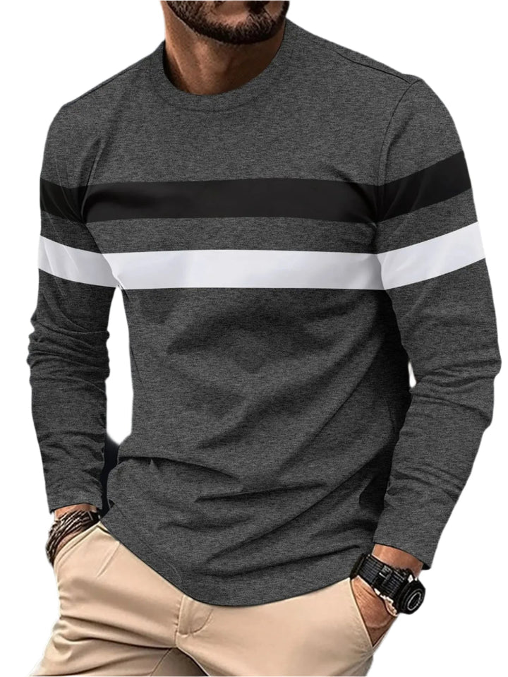 Miesten ryppyjä estävä pitkähihainen T-paita, tummat kontrastivärit, pyöreä kaulus, business-casual look.