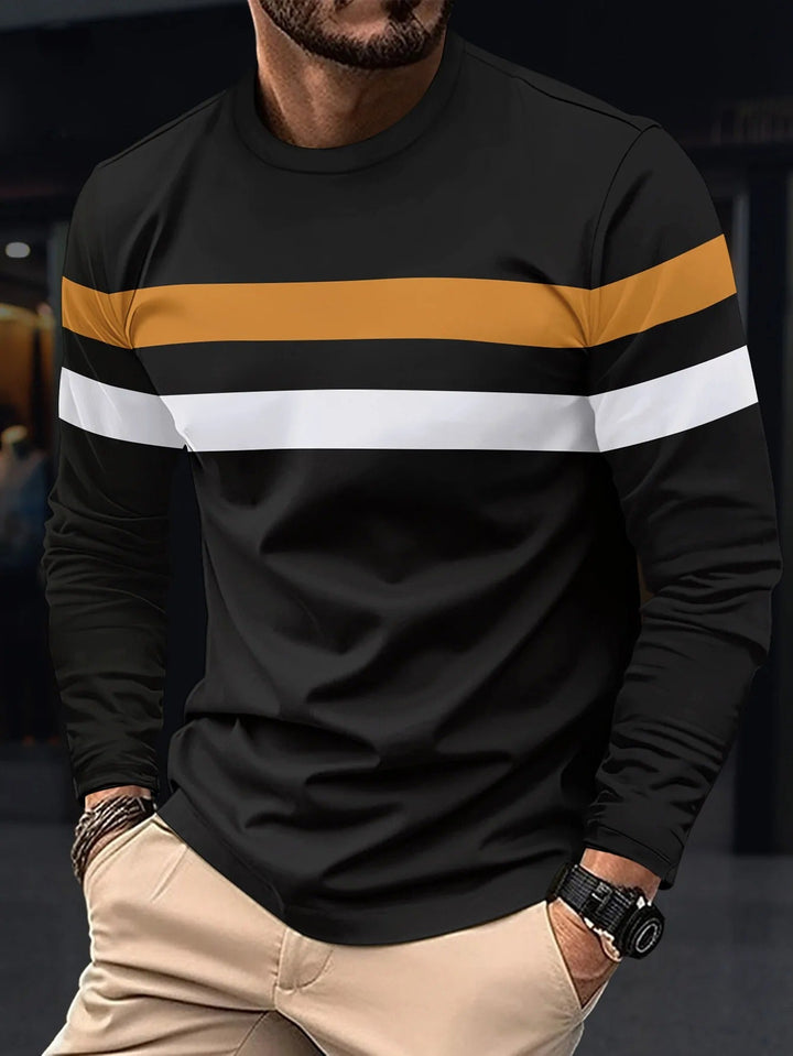 Miesten ryppyjä estävä pitkähihainen T-paita, tummat kontrastivärit, pyöreä kaulus, business-casual look.