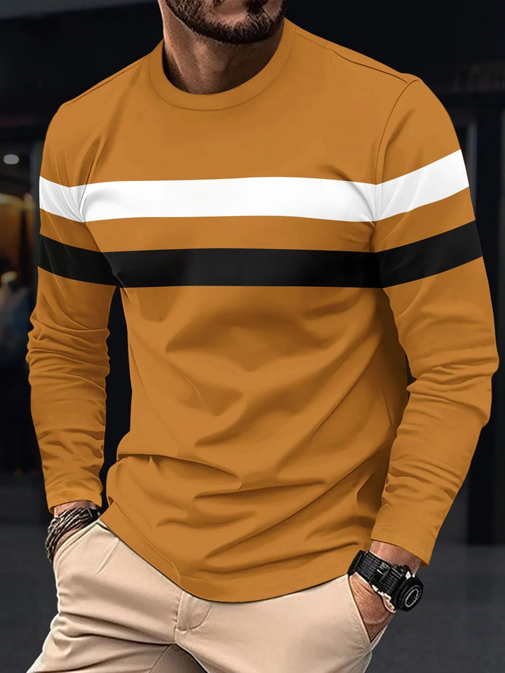 Miesten ryppyjä estävä pitkähihainen T-paita, tummat kontrastivärit, pyöreä kaulus, business-casual look.