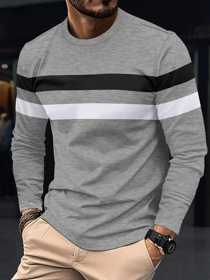 Miesten ryppyjä estävä pitkähihainen T-paita, tummat kontrastivärit, pyöreä kaulus, business-casual look.