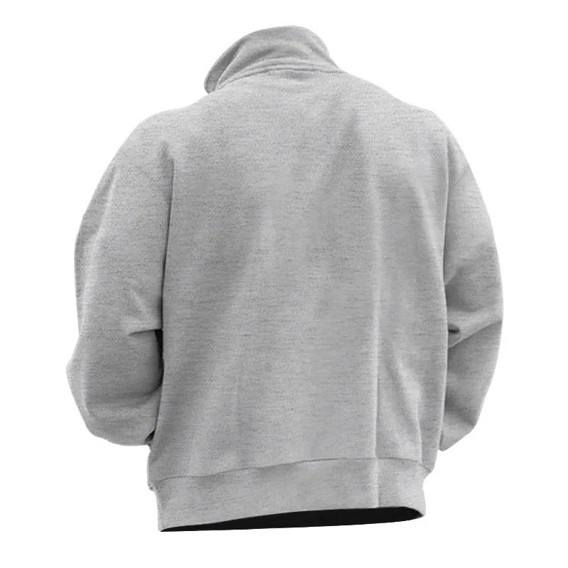 Miesten samettinen puolivetoketjupusero, pehmeä tumma kangas, stand collar, moderni ja monikäyttöinen tyyli.