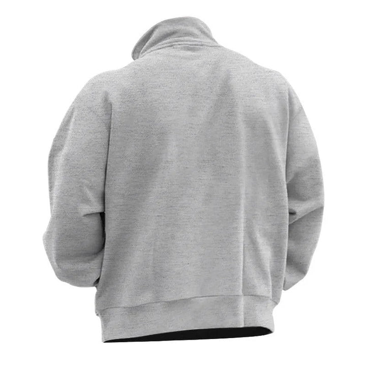 Miesten samettinen puolivetoketjupusero, pehmeä tumma kangas, stand collar, moderni ja monikäyttöinen tyyli.