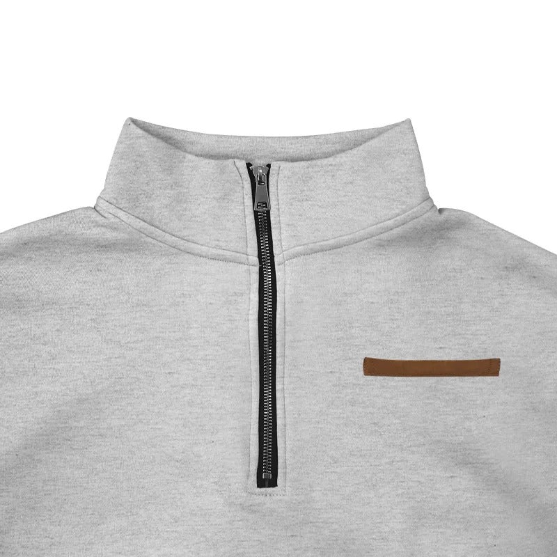 Miesten samettinen puolivetoketjupusero, pehmeä tumma kangas, stand collar, moderni ja monikäyttöinen tyyli.