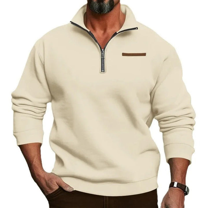 Miesten samettinen puolivetoketjupusero, pehmeä tumma kangas, stand collar, moderni ja monikäyttöinen tyyli.