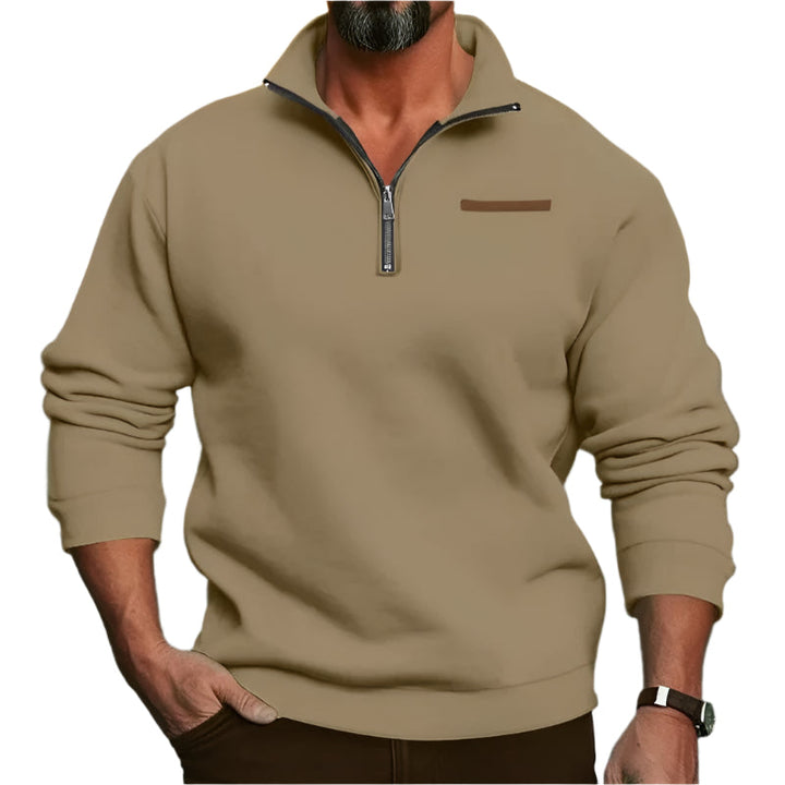 Miesten samettinen puolivetoketjupusero, pehmeä tumma kangas, stand collar, moderni ja monikäyttöinen tyyli.