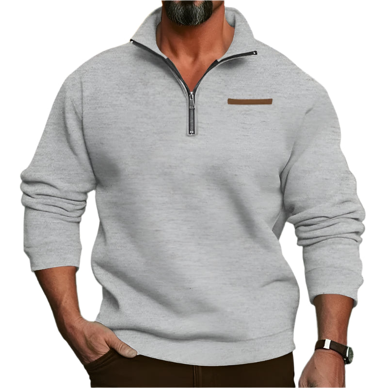 Miesten samettinen puolivetoketjupusero, pehmeä tumma kangas, stand collar, moderni ja monikäyttöinen tyyli.