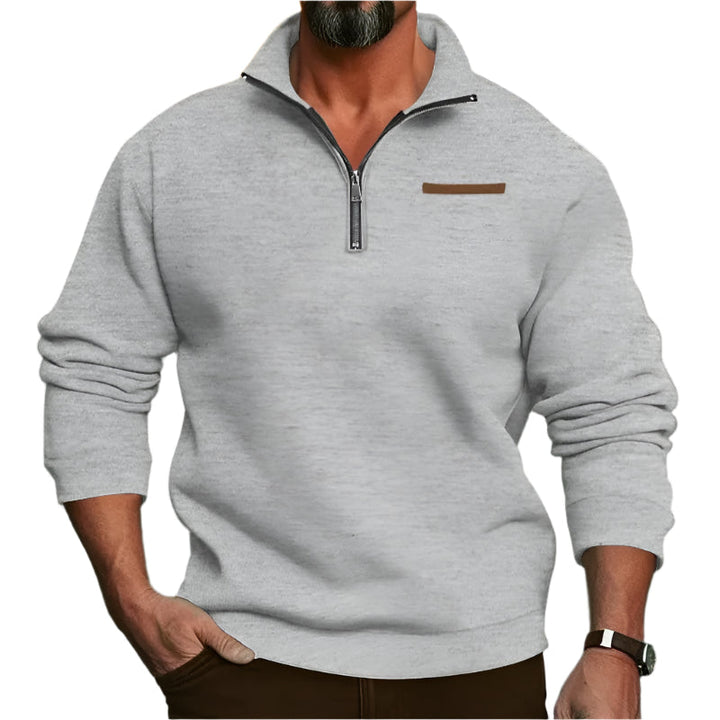 Miesten samettinen puolivetoketjupusero, pehmeä tumma kangas, stand collar, moderni ja monikäyttöinen tyyli.