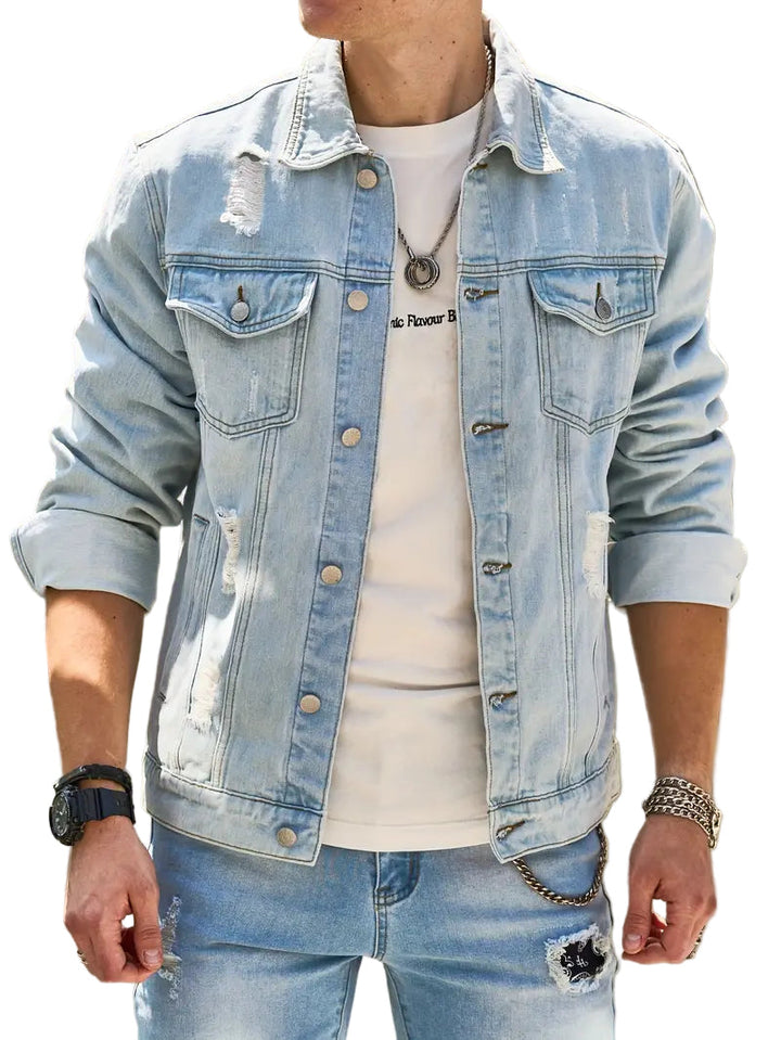 Herre blå klassisk jakke med knaplukning forfra, egnet til forår og efterår, alsidig udendørs jakke.