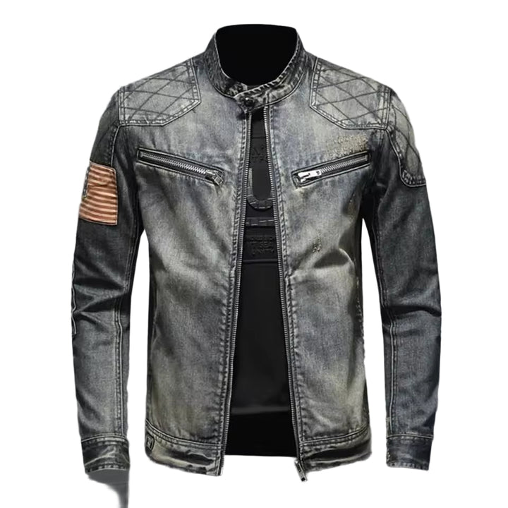 Mænds grå slim fit denimjakke med lynlås, stilfulde skuldersyninger, velegnet til forår og efterår.