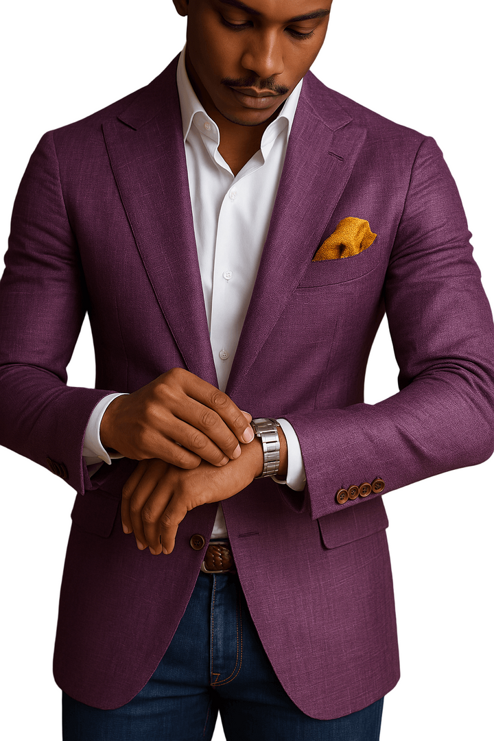 Herre blazer slim fit med moderne snit, lilla, let og åndbart materiale til forretningsmøder og fester.
