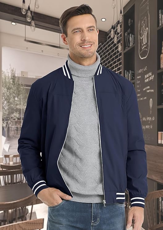 Herre slim fit bomberjakke, behagelig, stilfuld, lynlås, klassisk baseballkrave, flere farvemuligheder.