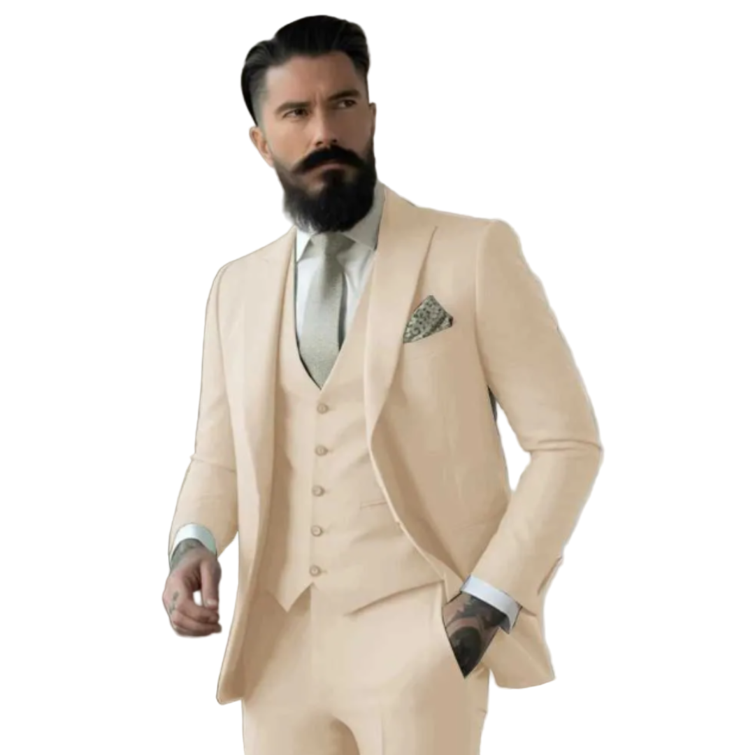 Miesten slim fit kolmiosainen puku, klassinen kaksinappinen takki, yhteensopiva liivi, tyylikäs istuvuus.