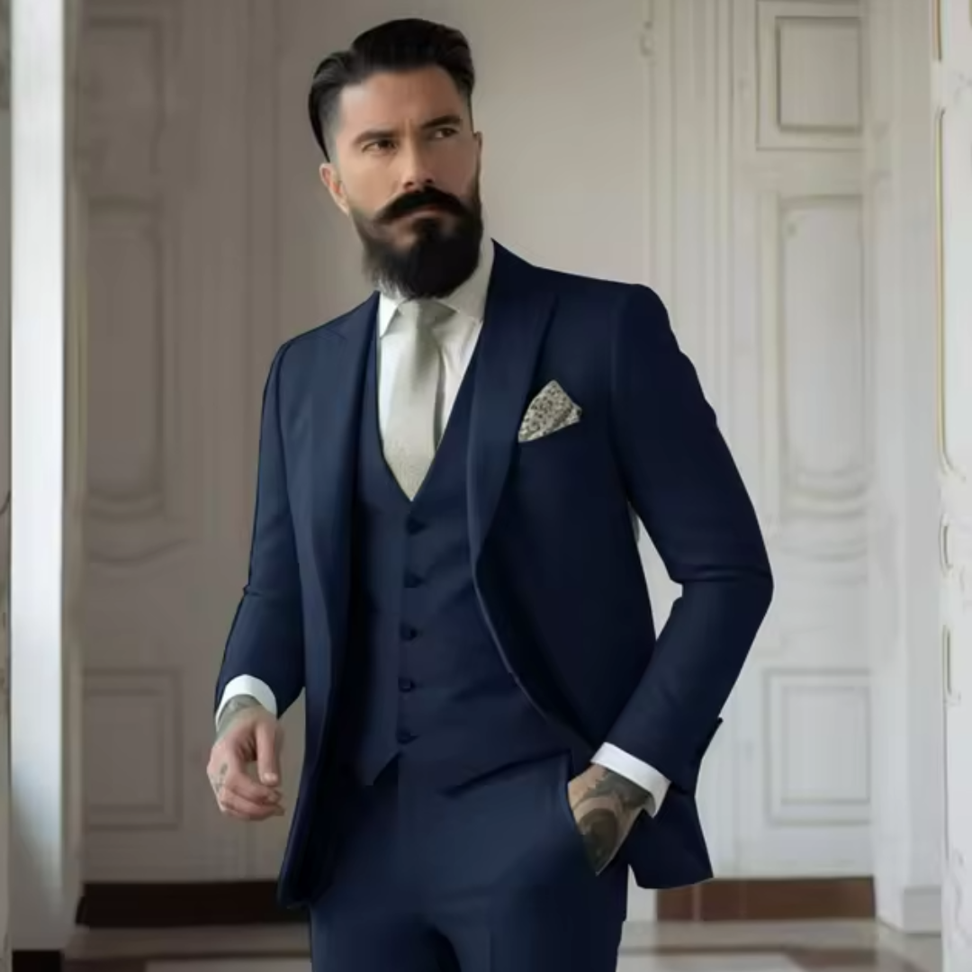 Miesten slim fit kolmiosainen puku, klassinen kaksinappinen takki, yhteensopiva liivi, tyylikäs istuvuus.
