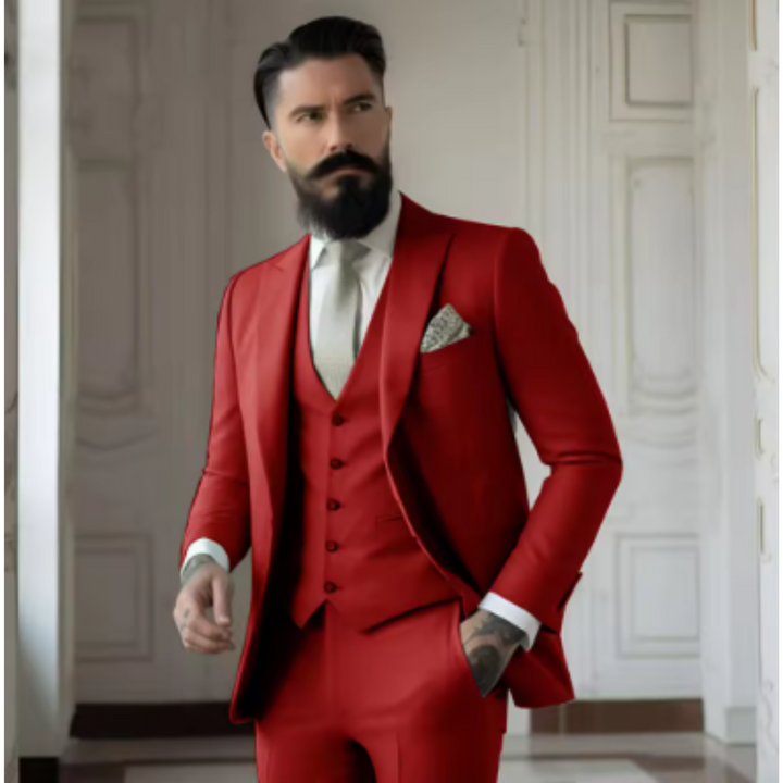 Miesten slim fit kolmiosainen puku, klassinen kaksinappinen takki, yhteensopiva liivi, tyylikäs istuvuus.