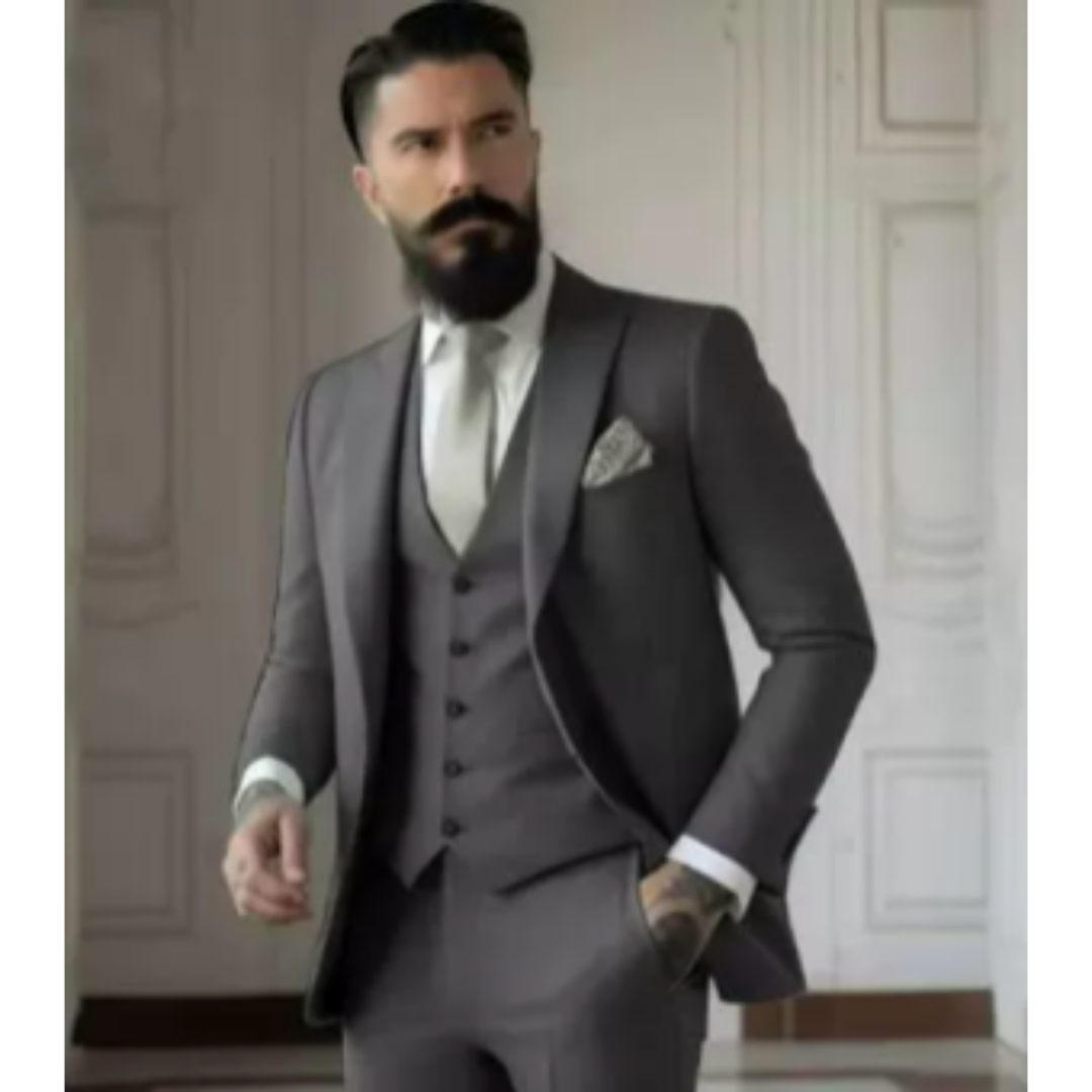 Miesten slim fit kolmiosainen puku, klassinen kaksinappinen takki, yhteensopiva liivi, tyylikäs istuvuus.