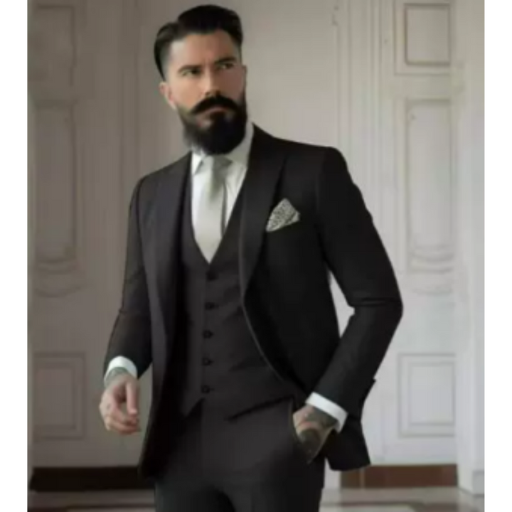 Miesten slim fit kolmiosainen puku, klassinen kaksinappinen takki, yhteensopiva liivi, tyylikäs istuvuus.