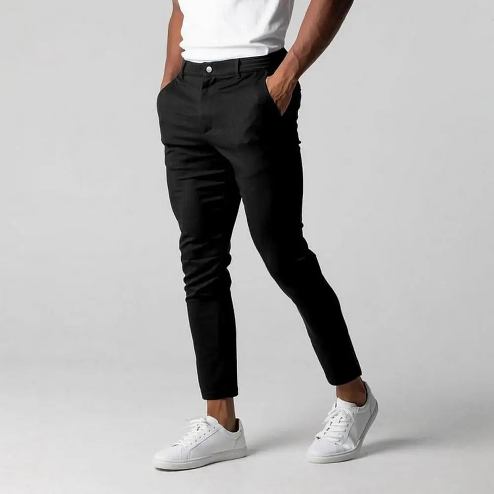 "Miesten slim-fit business-housut, joustava vyötärö, harmaa, elegantti siluetti, moderni muotoilu, monipuolinen yksivärisyys"