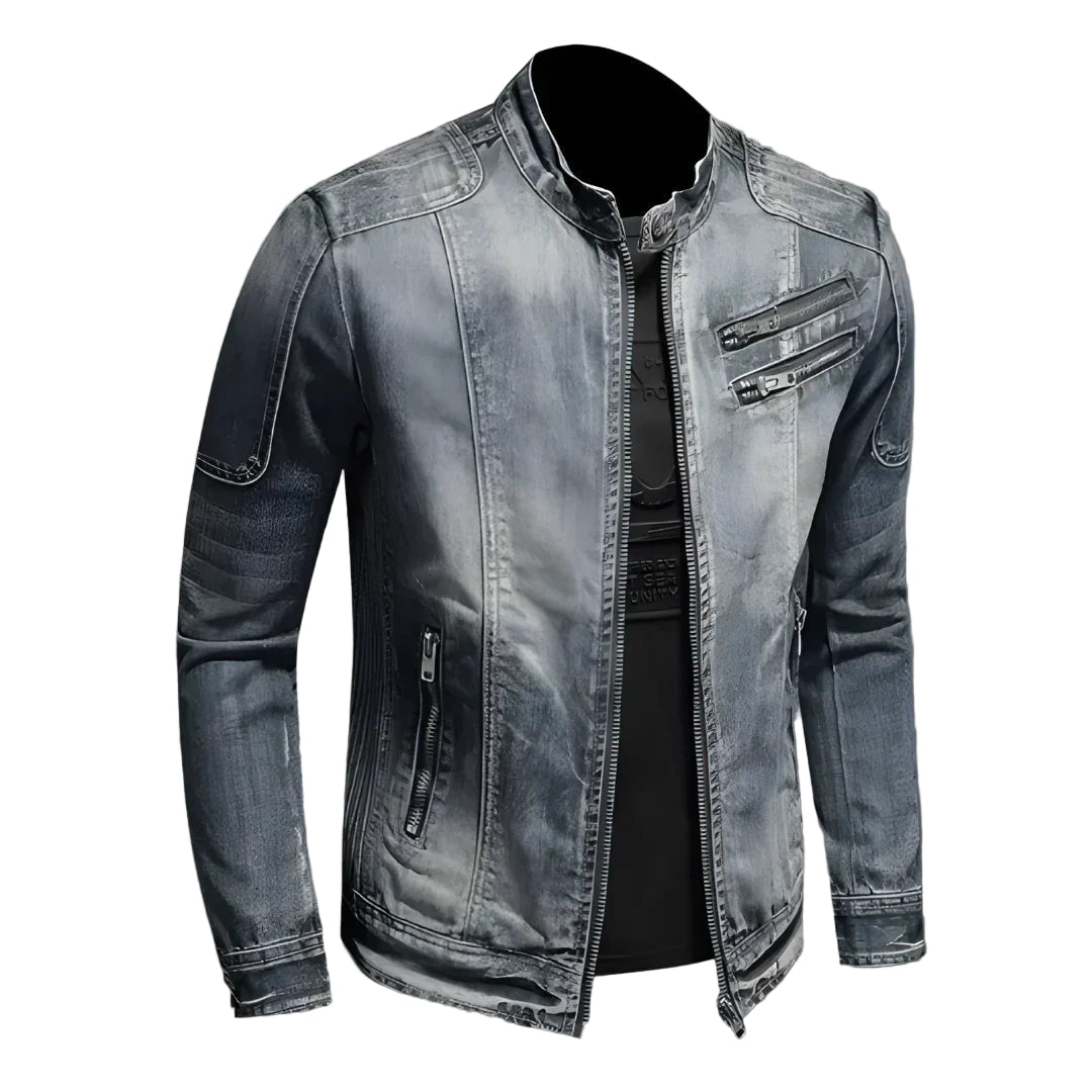 Herre vinter denim jakke, moderne stil, grå nuance, varm og stilfuld, afslappet pasform, herrejakke.