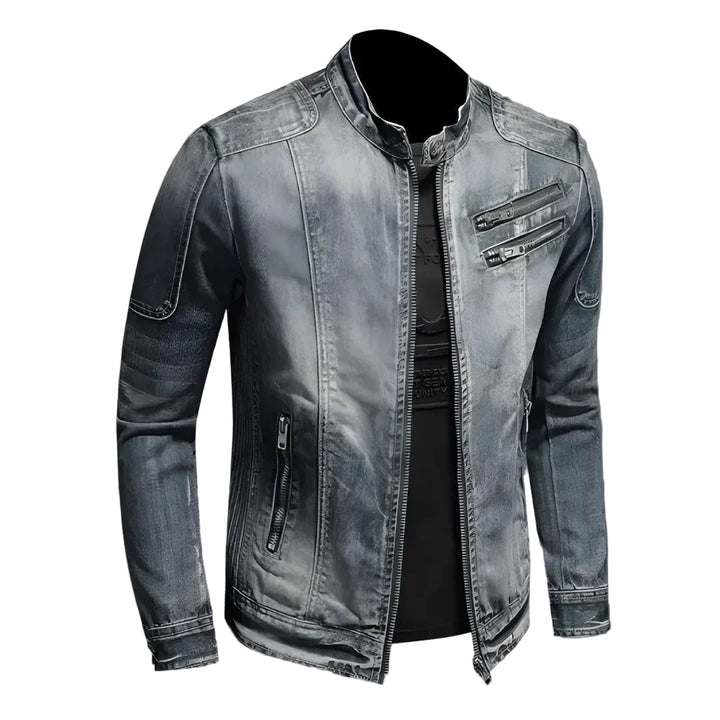 Herre vinter denim jakke, moderne stil, grå nuance, varm og stilfuld, afslappet pasform, herrejakke.
