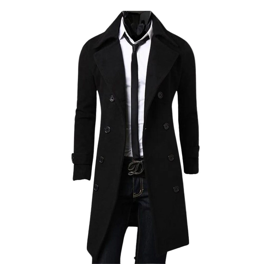Herre trenchcoat med dobbeltknap, blødt stof, stilfuld og tidløs, moderne design, perfekt til koldere dage.