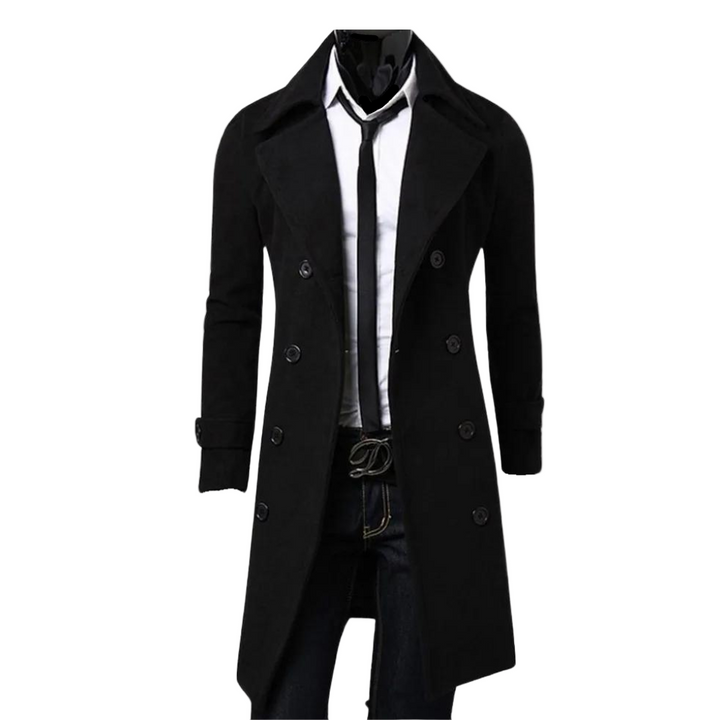 Herre trenchcoat med dobbeltknap, blødt stof, stilfuld og tidløs, moderne design, perfekt til koldere dage.