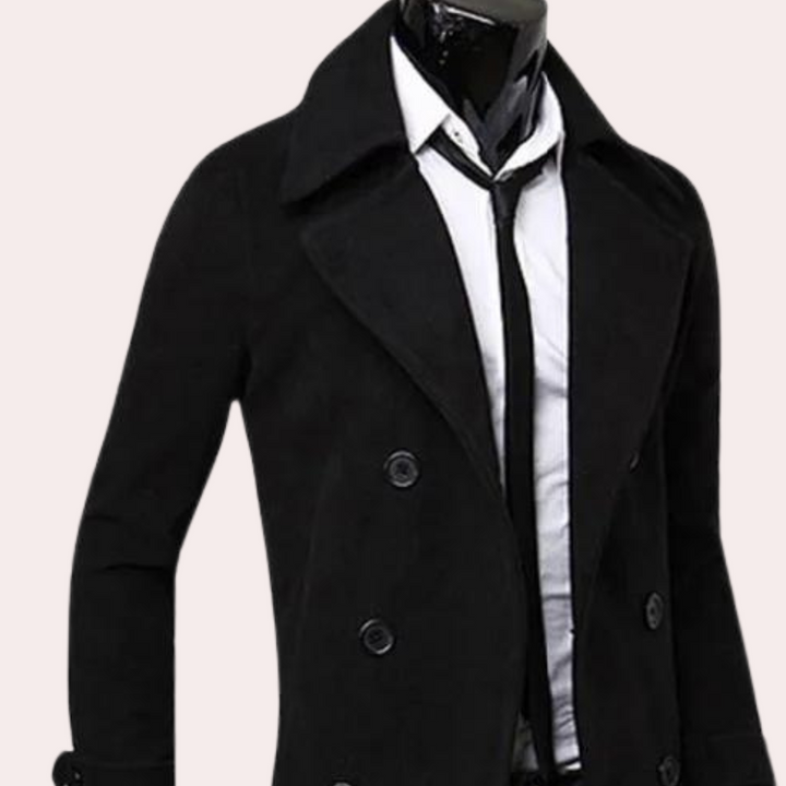 Herre trenchcoat med dobbeltknap, blødt stof, stilfuld og tidløs, moderne design, perfekt til koldere dage.