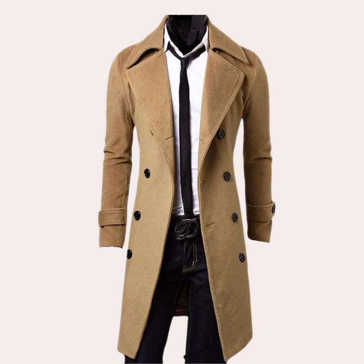 Herre trenchcoat med dobbeltknap, blødt stof, stilfuld og tidløs, moderne design, perfekt til koldere dage.