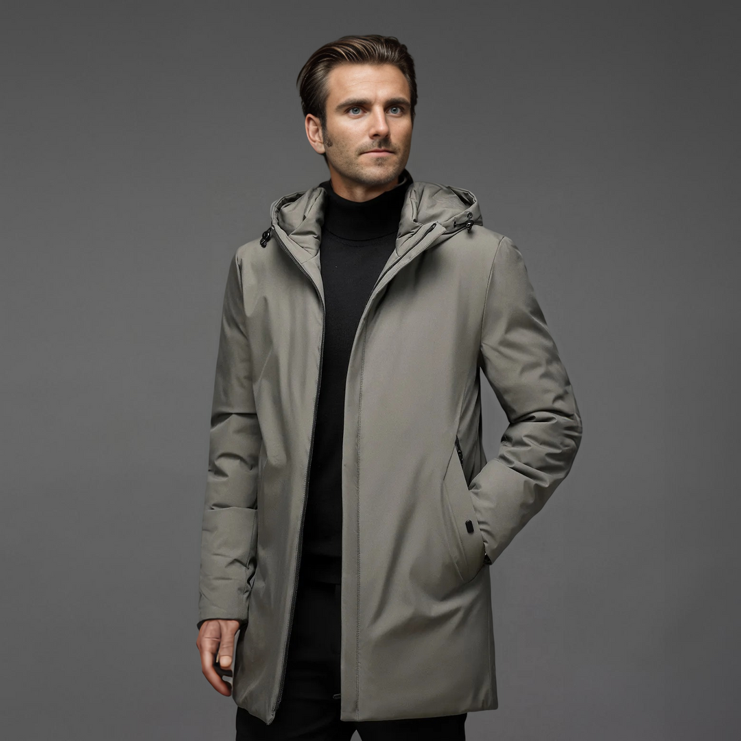 Herre parkacoats i khaki, vind- og vandtæt, moderne design, varm isolering, justerbar hætte og rummelige lommer