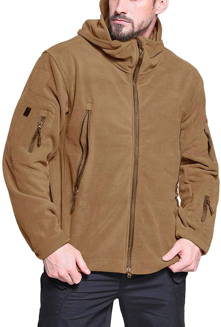 Miesten tuulenpitävä huoodillinen fleece-takki, edestä, vetoketjulliset taskut, rento ja tyylikäs ulkoiluun.