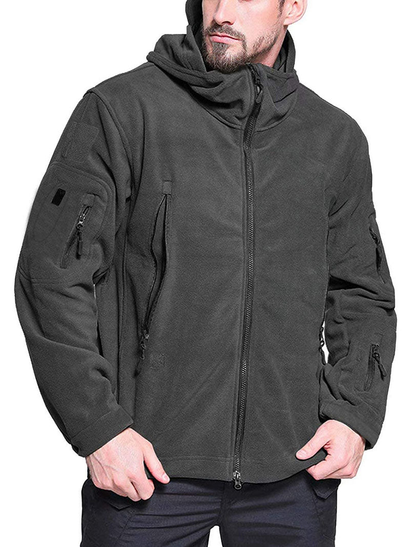 Miesten tuulenpitävä huoodillinen fleece-takki, edestä, vetoketjulliset taskut, rento ja tyylikäs ulkoiluun.